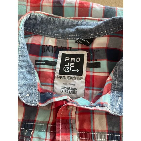 PROJEKRAW Mens Multicolor Plaid Collared Short Sleeves Button-Up Shirts XL - Picture 12 of 15
